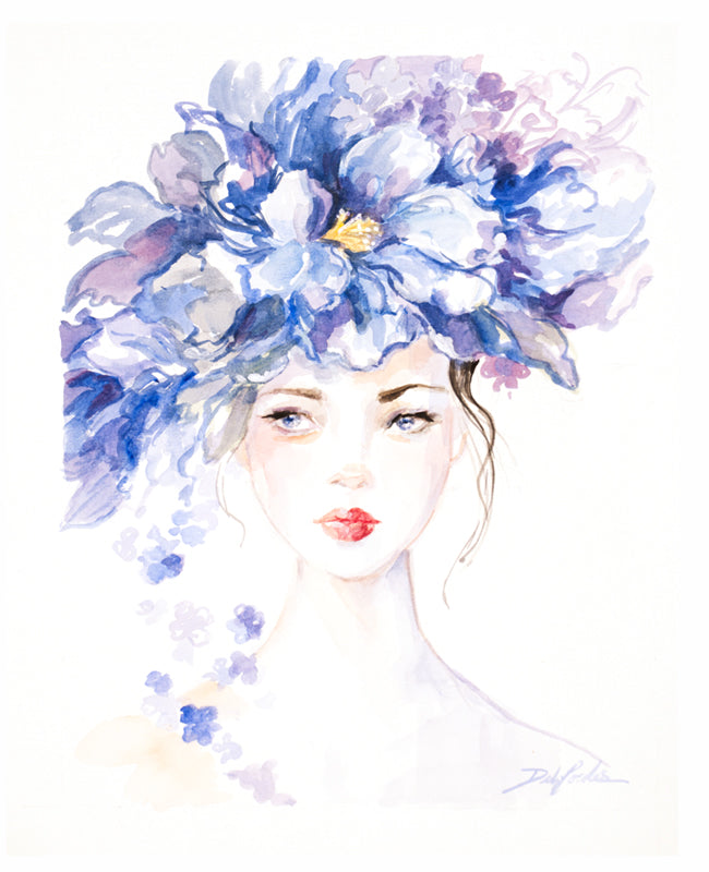 Artistic illustration of a woman with an oversized blue floral headpiece on a white background