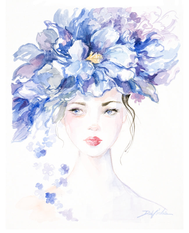 Watercolor illustration of a woman wearing a large blue flower hat against a white background.