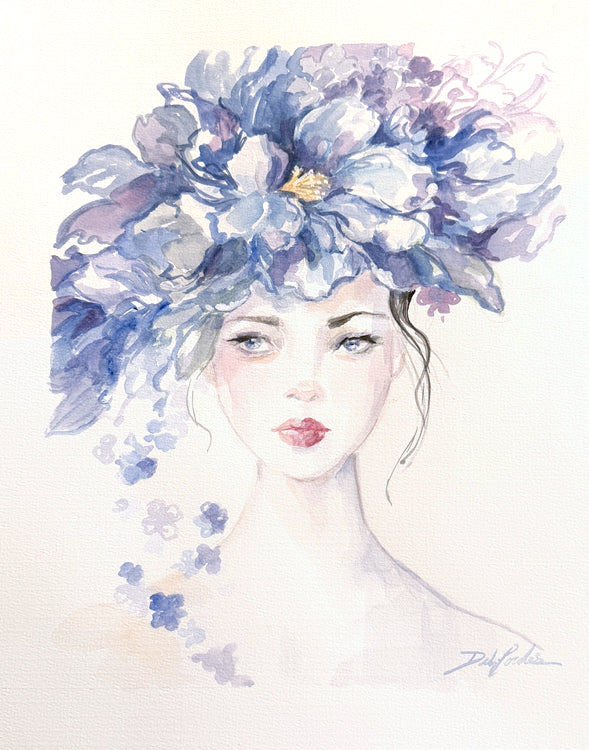 Fashion watercolor illustration of a beautiful woman wearing an enormous crown of blue flowers