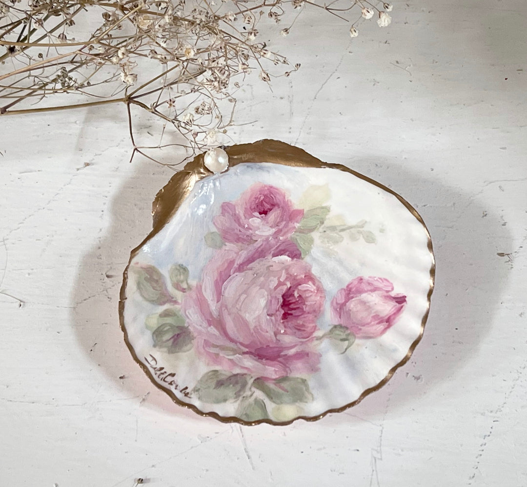 Shabby Chic Hand Painted Roses Shell Ring Dish Romantic Original by Debi Coules