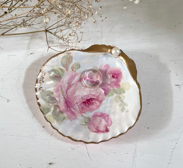 Shabby Chic Hand Painted Roses Shell Ring Dish Romantic Original by Debi Coules