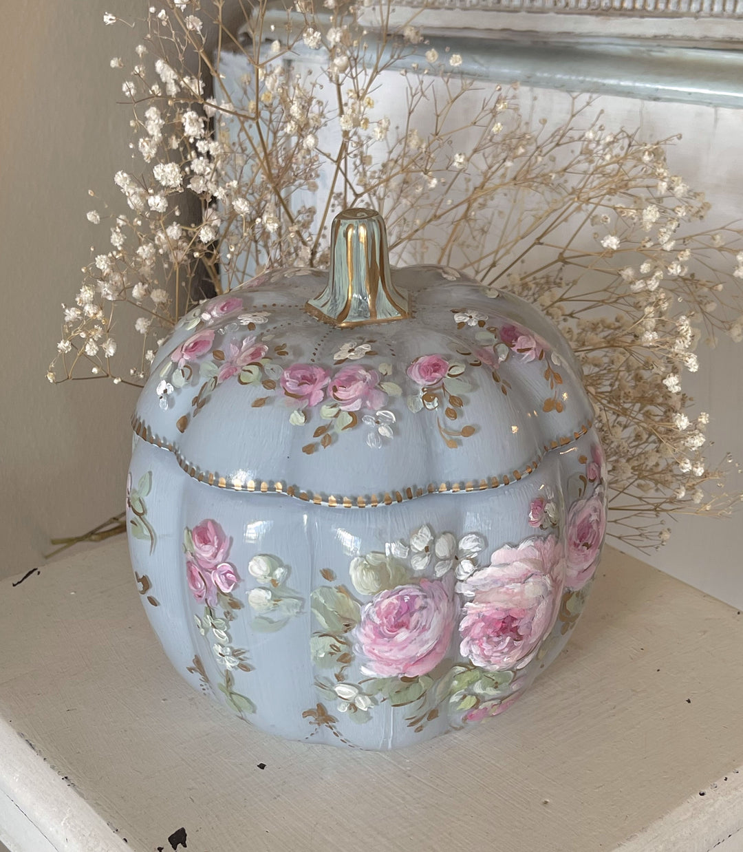 Shabby Chic Vintage Glass Hand Painted Roses Pumpkin by Debi Coules