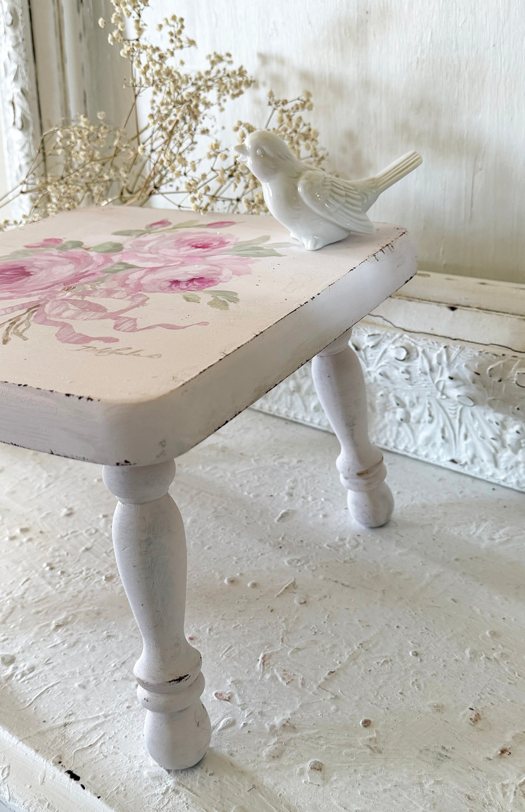 Shabby Chic Hand-Painted Vintage Pink Stool with Roses & Bow – Original by Debi Coules