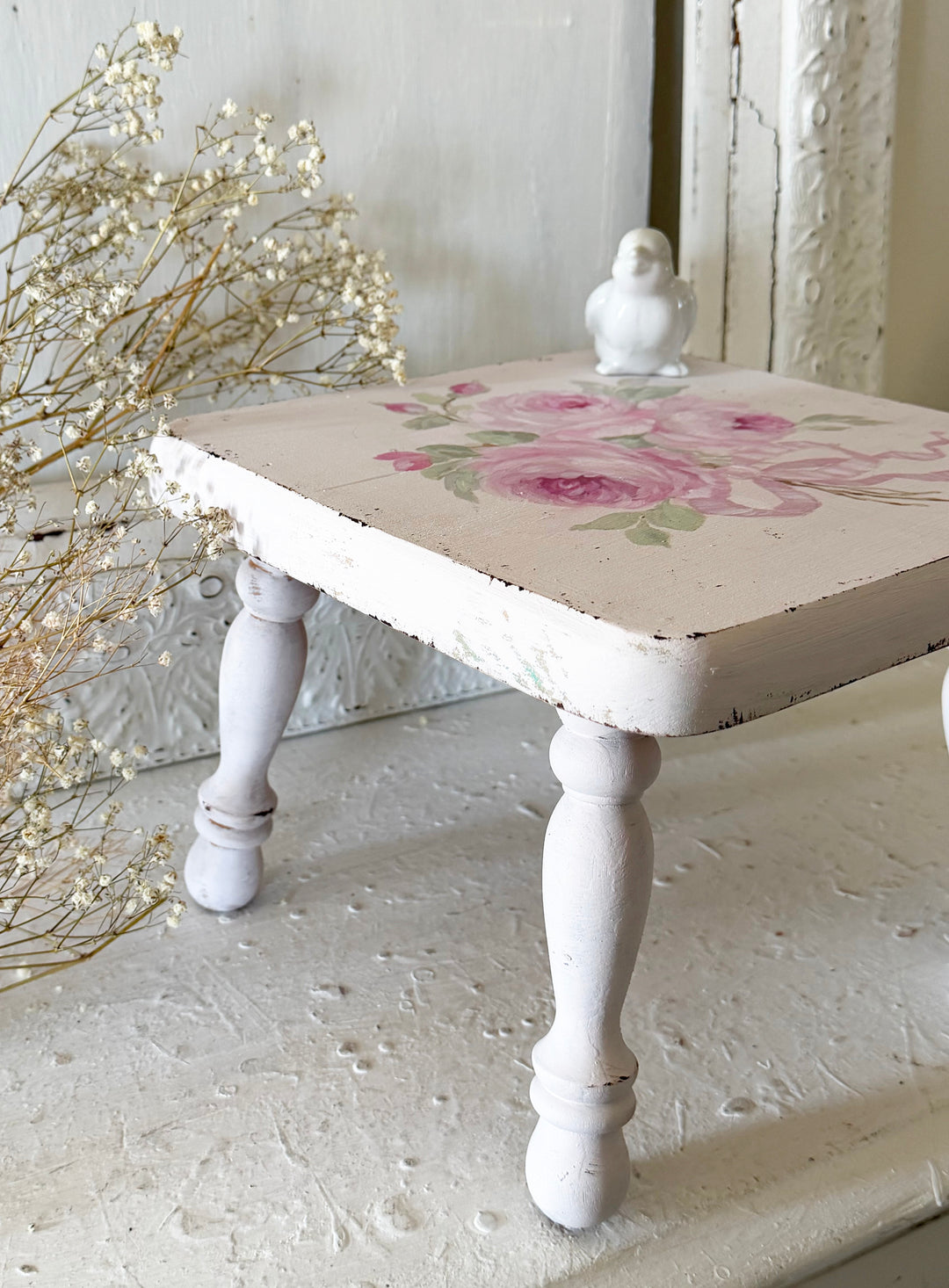 Shabby Chic Hand-Painted Vintage Pink Stool with Roses & Bow – Original by Debi Coules