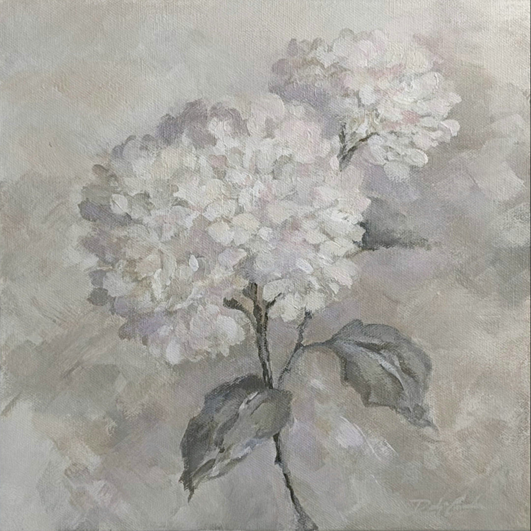 Acrylic painting of pale blue hydrangeas on a muted background.