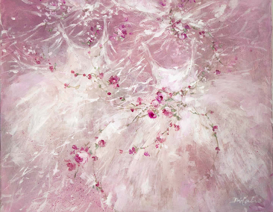 Painting of two white ballet tutus on a pink background surrounded by swaying roses and petals. A beautiful tribute to the grace and beauty of ballet.