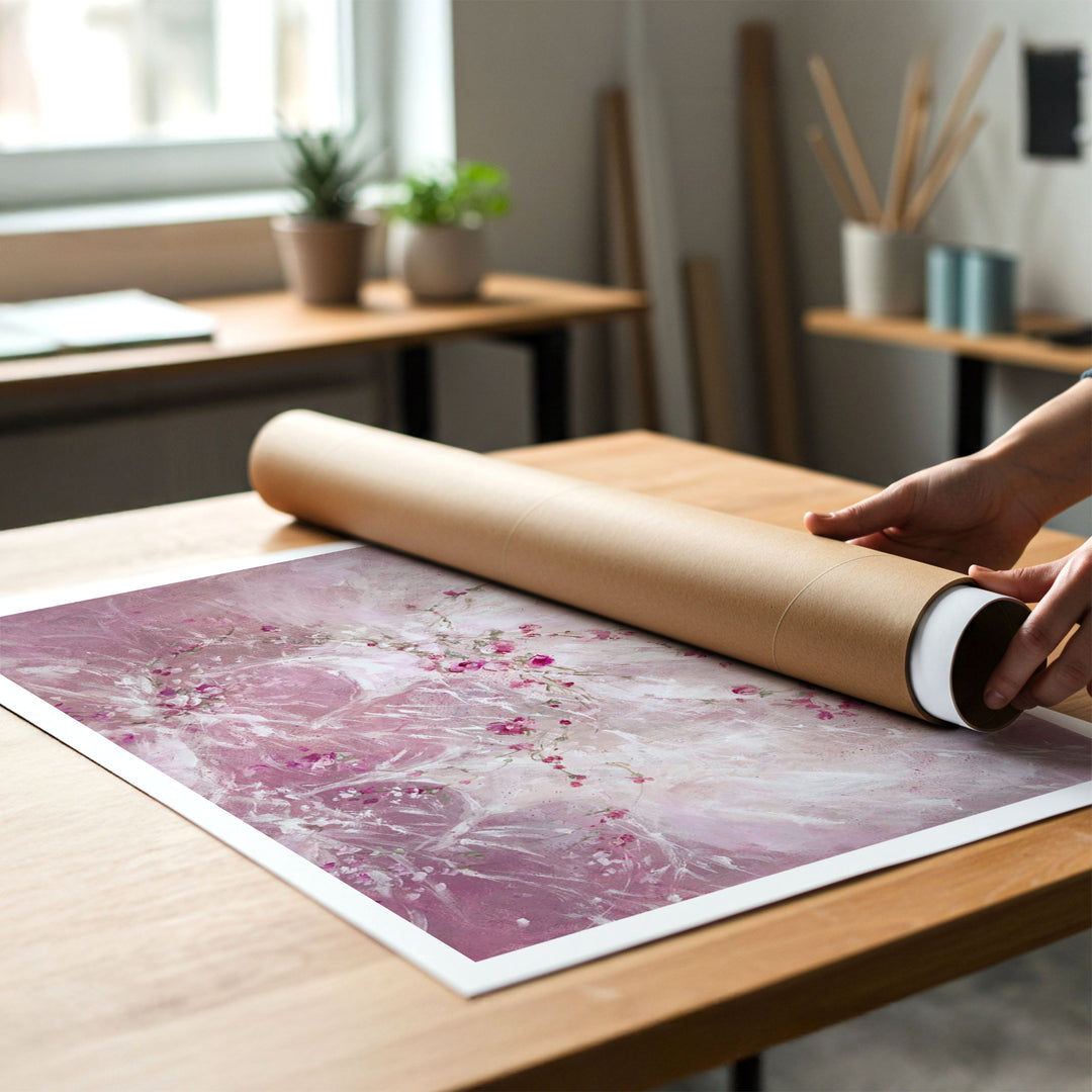 Person rolling up a canvas print of shabby-chic ballet artwork of two tutus on a pink background to put in a cardboard mailing tube.