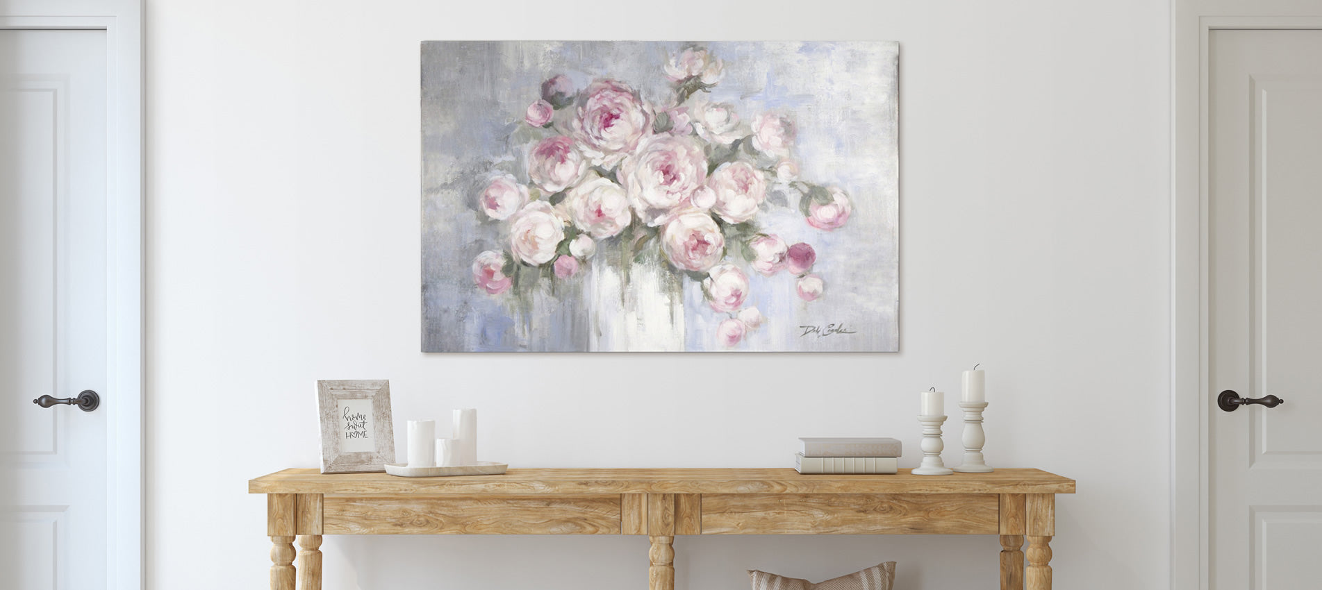 Beautiful peonies canvas print displayed in a hallway