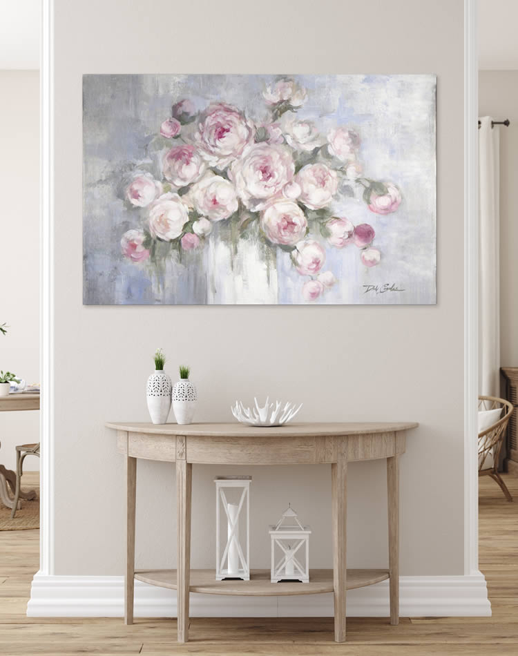 Beautiful peonies canvas print displayed in a hallway