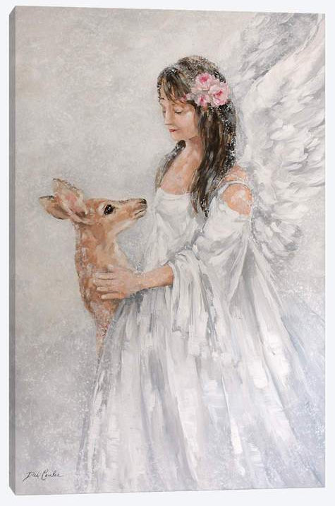 Angel with floral hairpiece holding a deer  against a snowy background