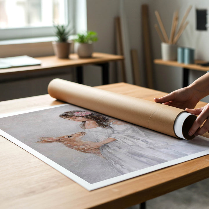 Person rolling a shabby-chic fine art print of an angel painting to place in a cardboard mailing tube.