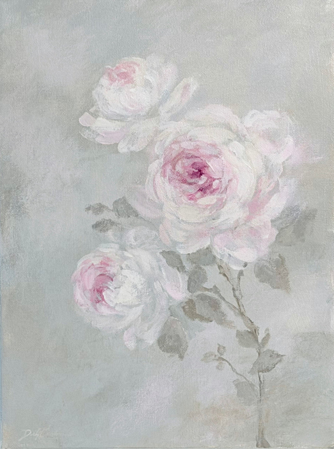 Vintage-style painting  of white roses with pink centers misty muted background of French gray with touches of pink. 