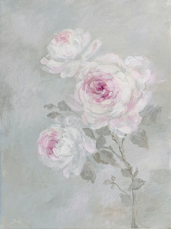 Vintage-style painting  of white roses with pink centers misty muted background of French gray with touches of pink. 