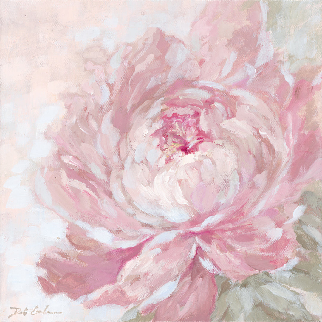 Original impressionistic painting of a soft blush pink peony with delicate white petals and pale green leaves against a light, airy background.
