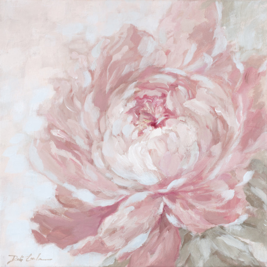 Softly Unfolding original pink peony painting with delicate blush, cream, and sage green brushwork