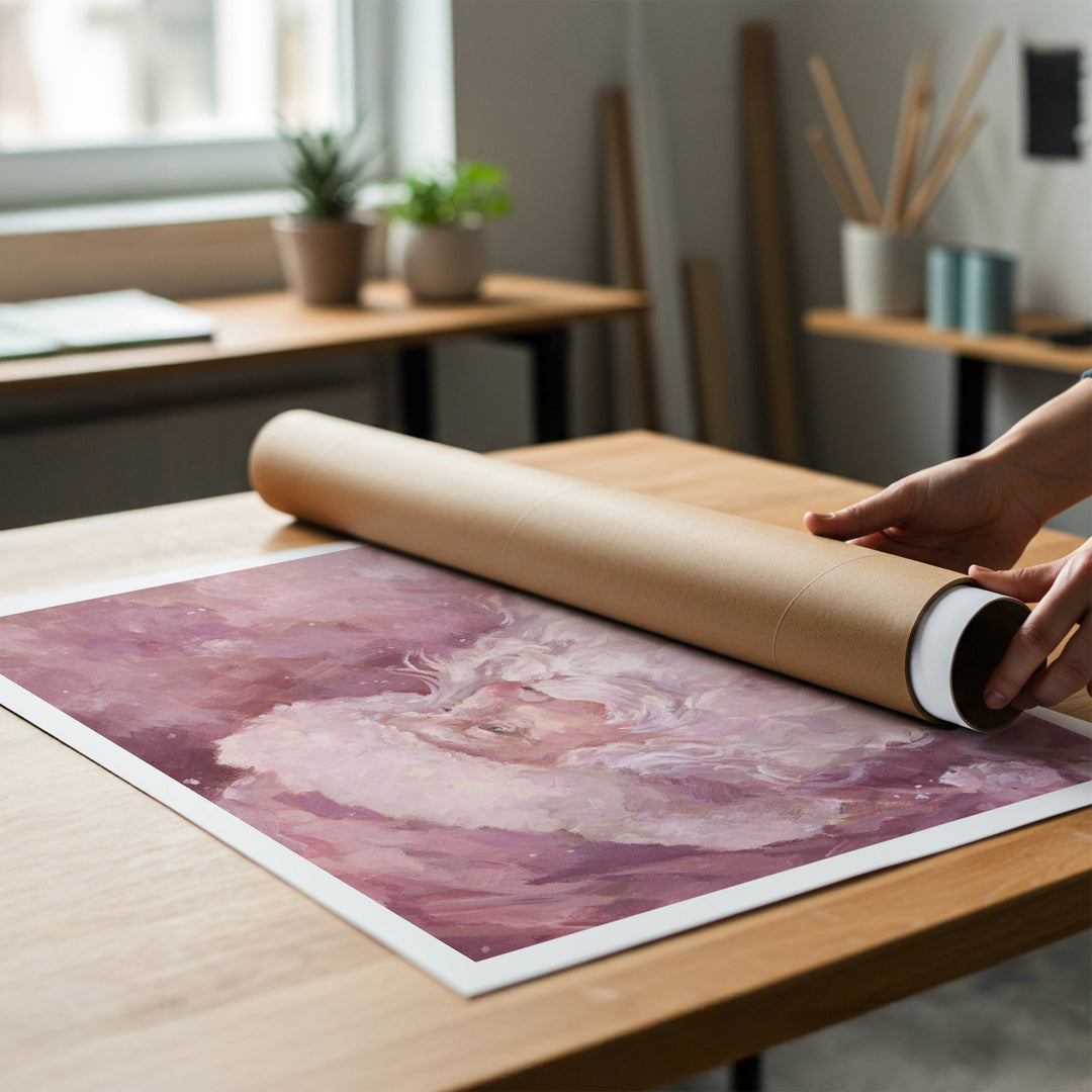 A person rolling up an unstretched canvas print of a pink santa clause painting to place in a cardboard mailing tube.