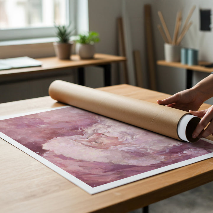 A person rolling up an unstretched canvas print of a pink santa clause painting to place in a cardboard mailing tube.