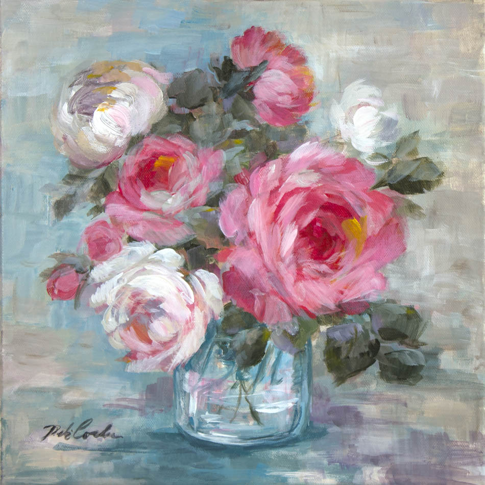 Impressionist still-life  featuring a glass jar with pink, red, and white roses, with a blues, browns, and beige background.

