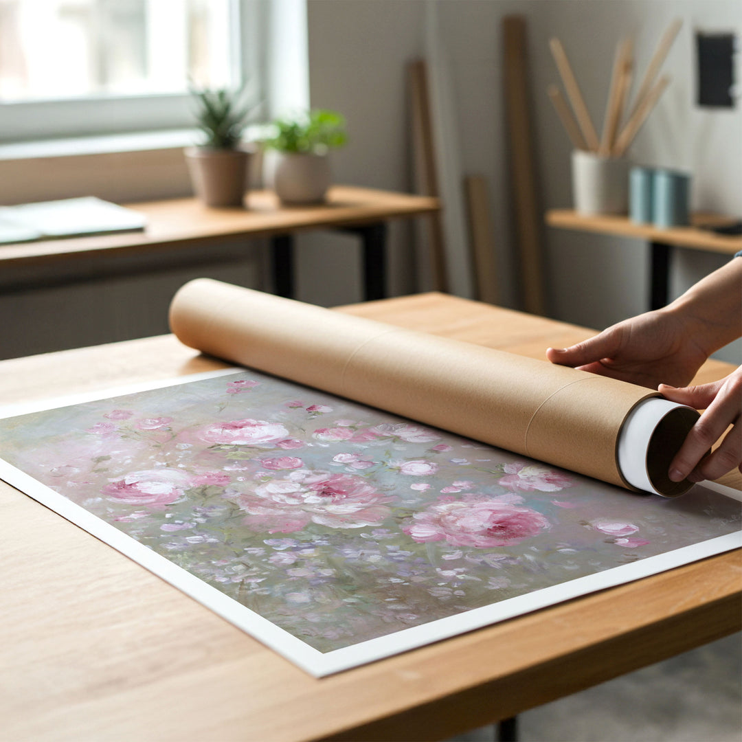A person rolling up an unstretched canvas print of shabby-chic wild roses to place in a cardboard mailing tube.