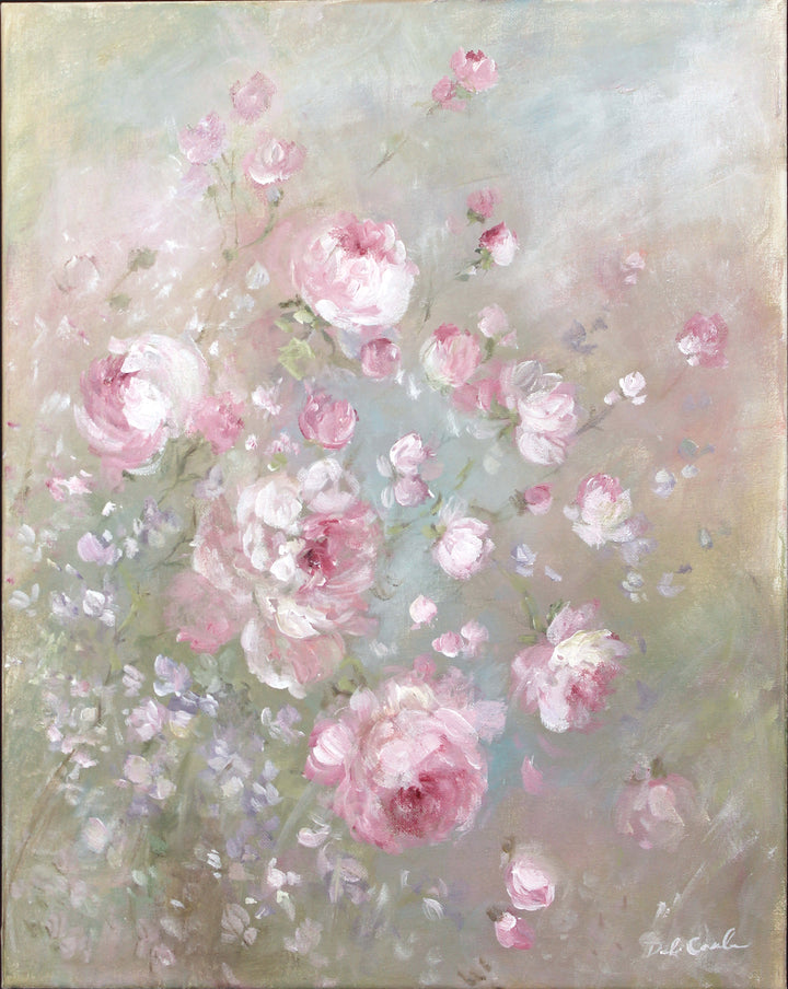 Painting of pink and white flowers on a soft pastel background