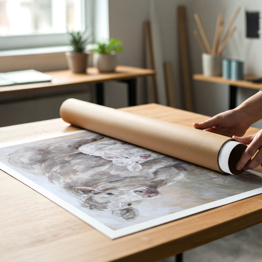 A person rolling up an unstretched canvas print of modern-framhouse cow and calf to place in a cardboard mailing tube.