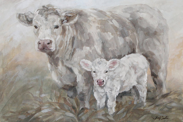 Painting of cute cows, a mother cow and her darling white baby calf standing in a brown field. The painting is impressionistic, making it perfect for a modern farmhouse interior design.