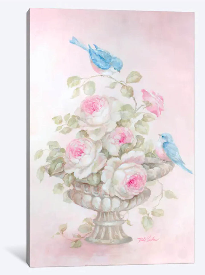 "Sweet Rose Song" - Shabby-chic Bluebird Artwork by Debi Coules