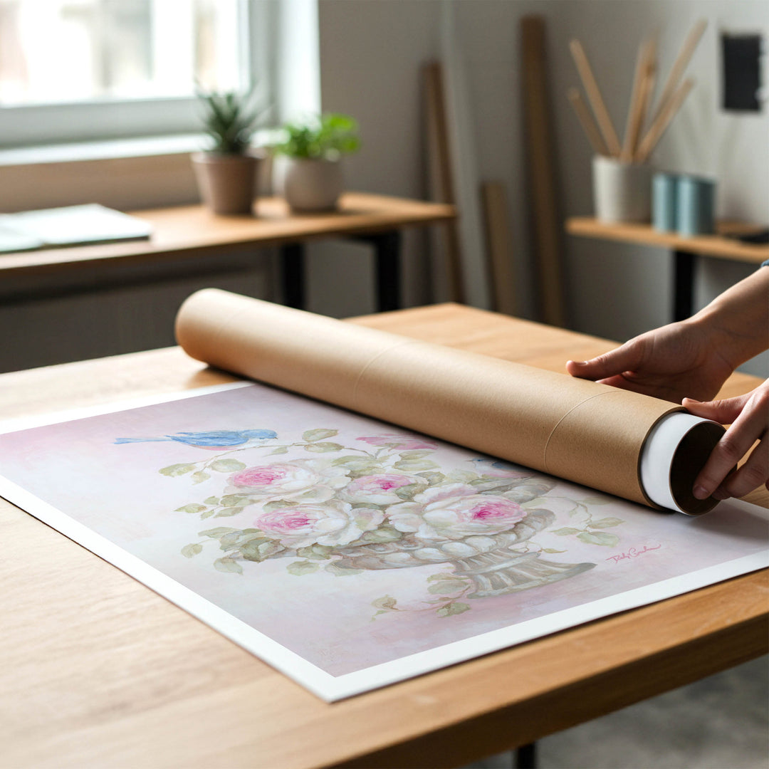 "Sweet Rose Song" - Shabby-chic Bluebird Artwork by Debi Coules