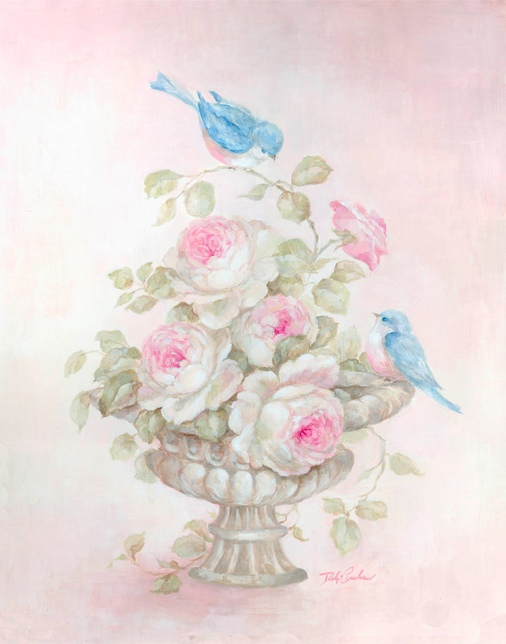 "Sweet Rose Song" - Shabby-chic Bluebird Artwork by Debi Coules