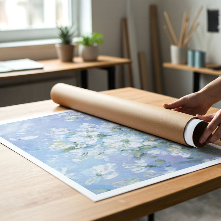 A person rolling up an unstretched canvas print of shabby-chic white roses to place in a cardboard mailing tube.