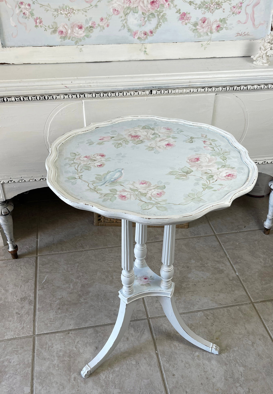 Shabby Chic Antique Bluebird and Roses Table Romantic Cottage by Debi Coules