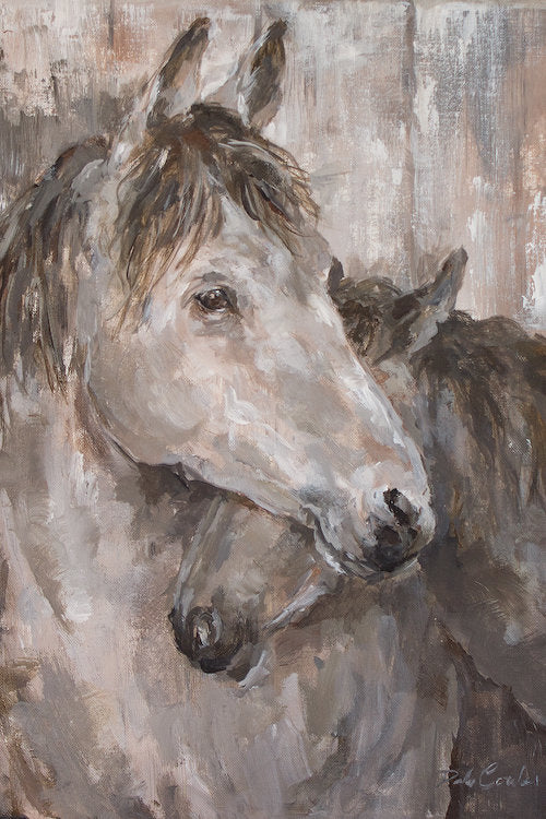 A rustic painting of a mother horse comforting her foal. The neutral color palette of beige, brown, and gray matches a rustic and farmhouse style.