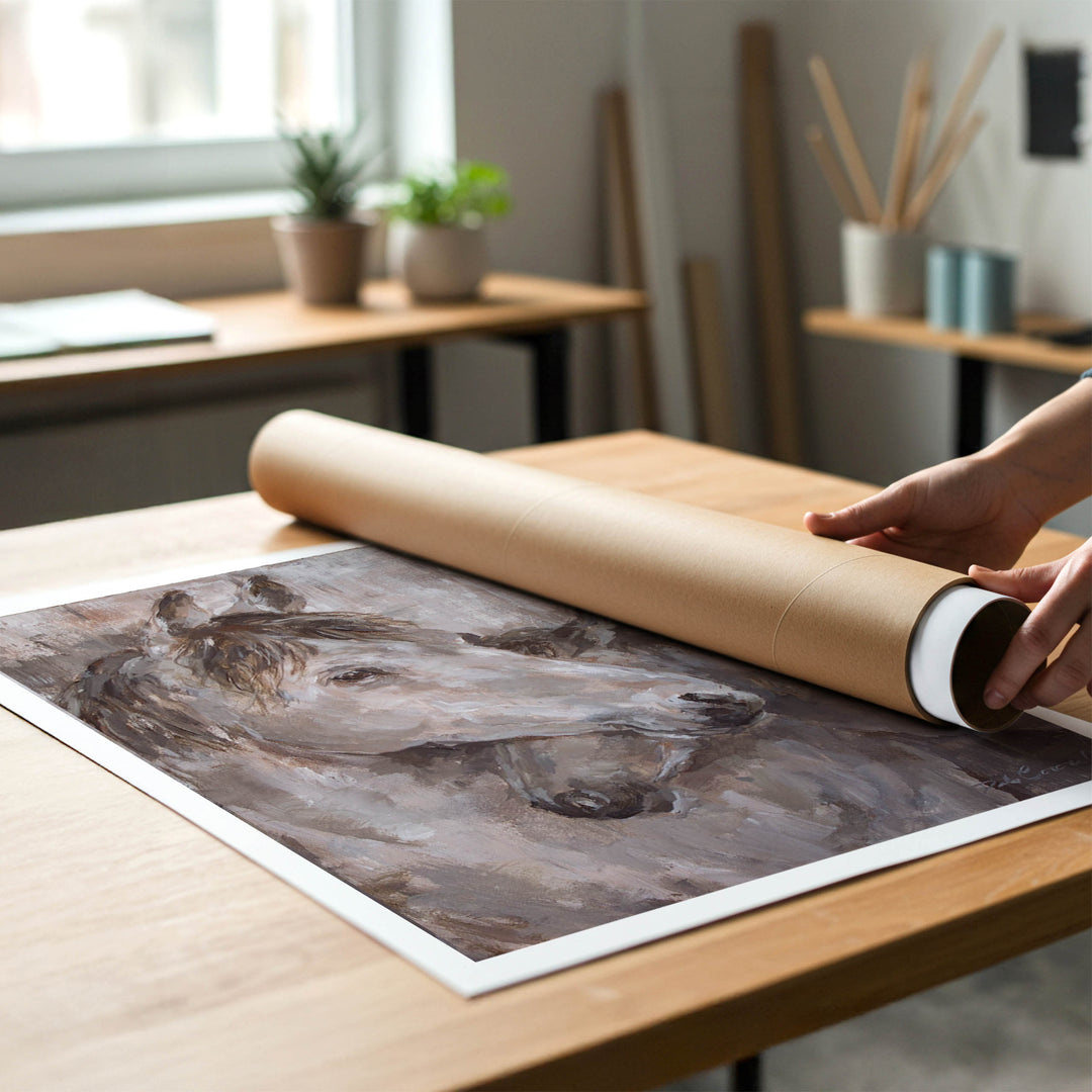A person rolling up an unstretched canvas print of rustic horses to place in a cardboard mailing tube.