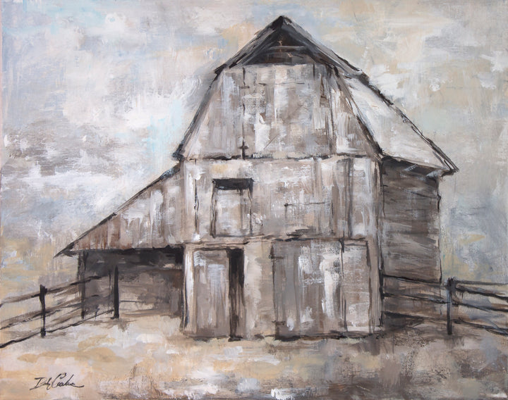 Painting of an old barn with a textured background