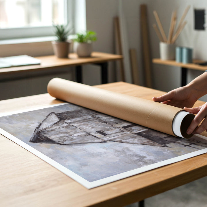A person rolling up an unstretched canvas print of rustic farmhouse barn to place in a cardboard mailing tube.