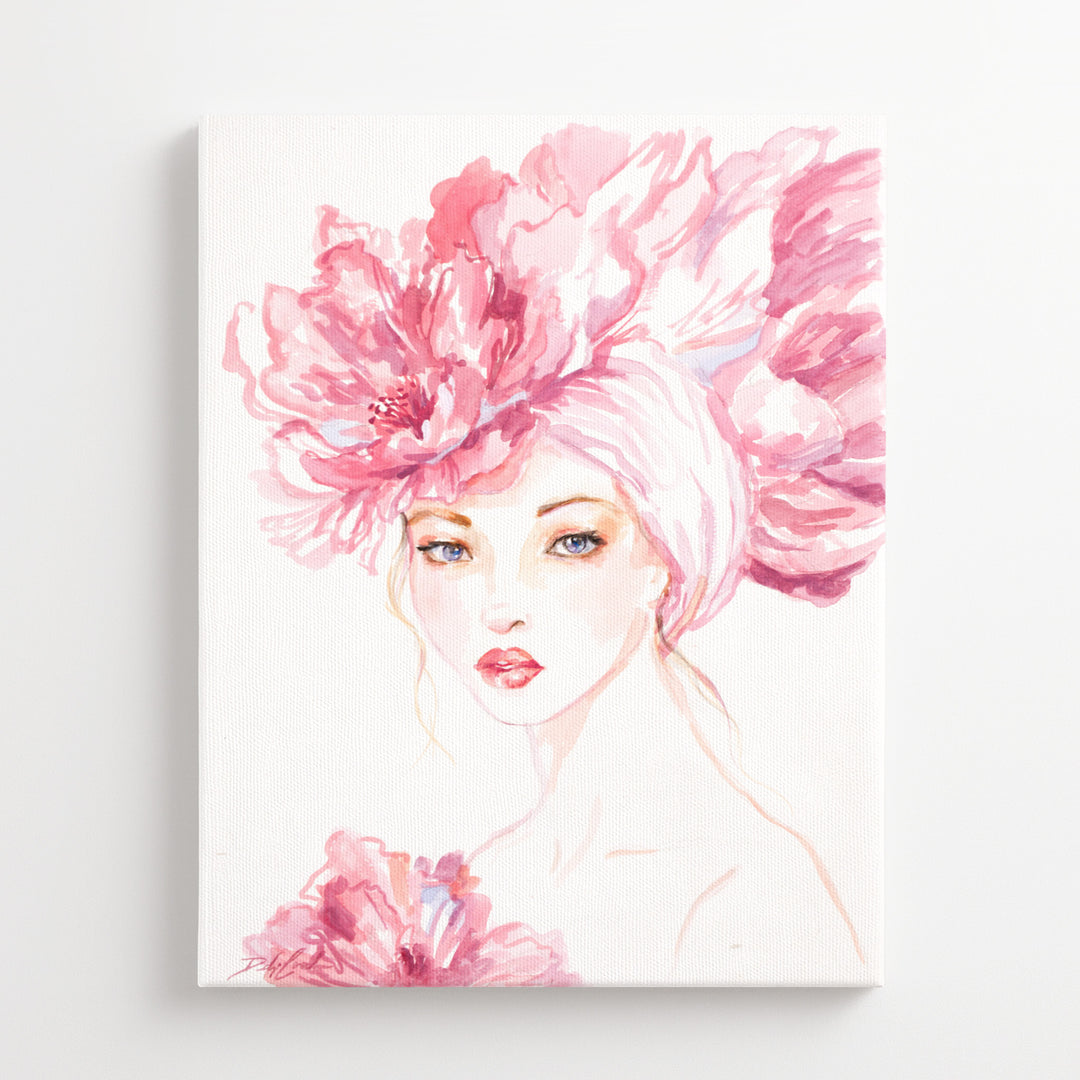 Artistic depiction of a woman with pink floral headpiece on a white background