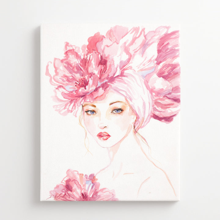 Artistic depiction of a woman with pink floral headpiece on a white background