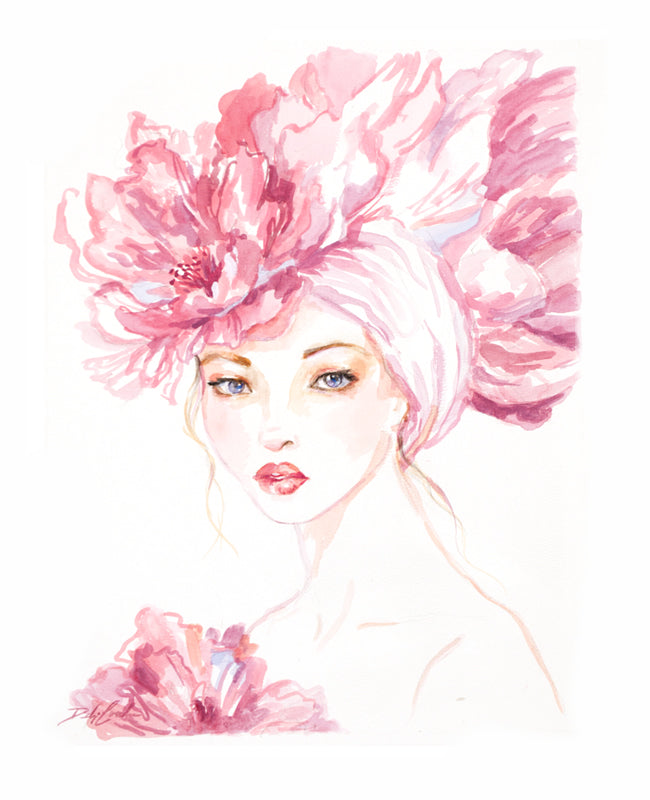 Artistic illustration of a woman with an enormous pink flower hat on a white background