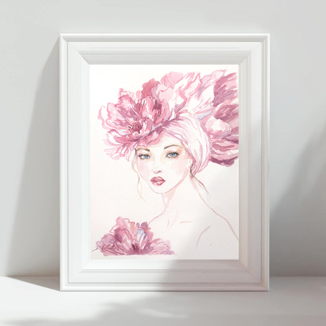 Framed artwork of a woman with pink floral headpiece on a white background