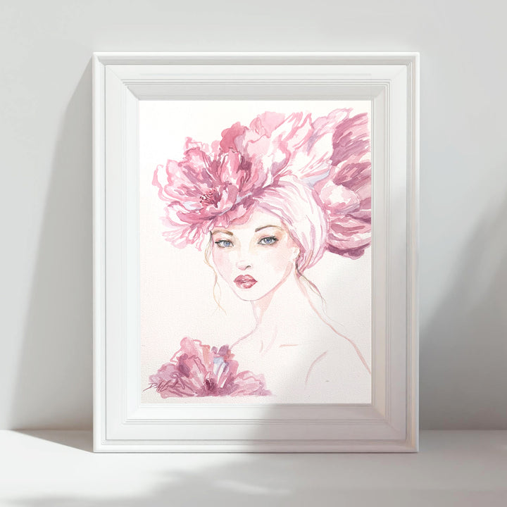 Framed artwork of a woman with pink floral headpiece on a white background