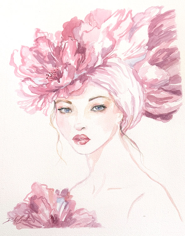 Original watercolor paintings of woman with a large pink flower headpiece on a white background