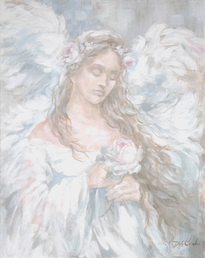 Beautiful angel artwork featuring an angel with wings, holding a pink rose, with closed eyes in a praying posture. Painted in a shabby-chic style.
