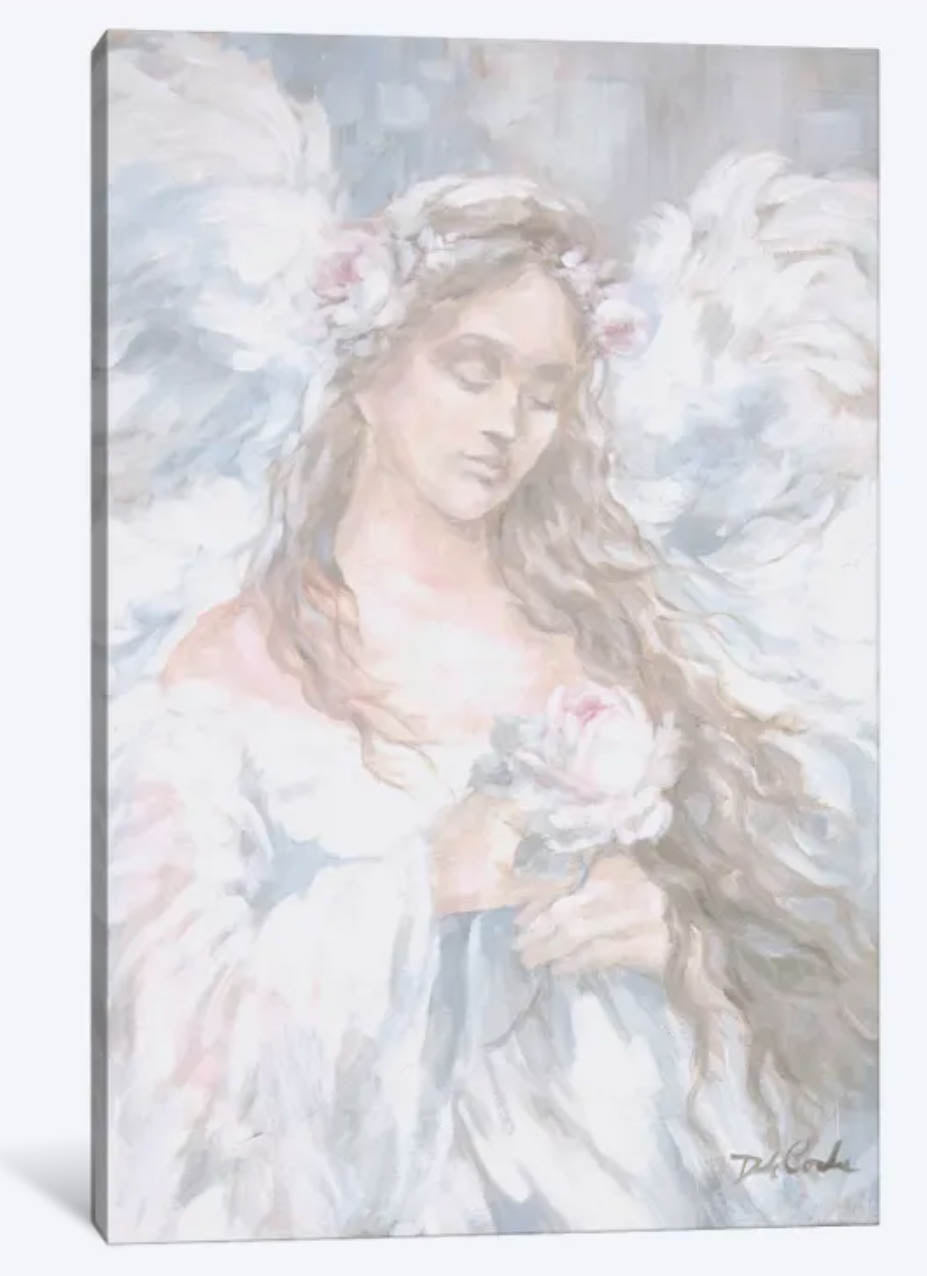 Canvas print of an angel with long blond hair holding a pale pink rose. Painted in a soft, pastel color palette.