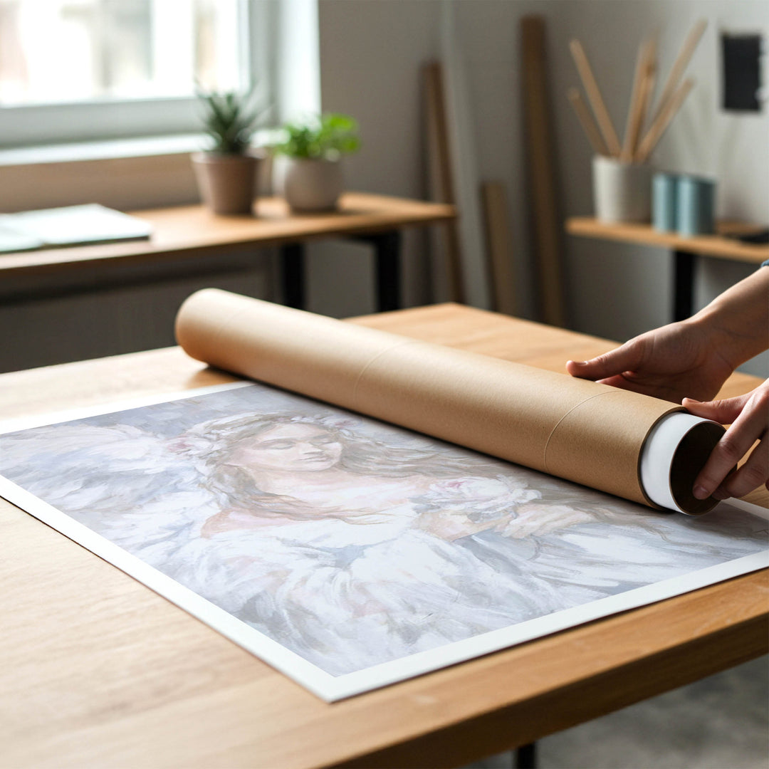 Person rolling a canvas print of shabby-chic angel artwork to put in a cardboard mailing tube.