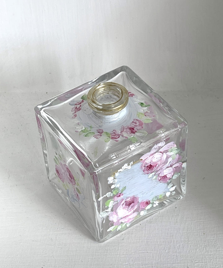 Exquisite Hand-Painted Pink Roses Glass Bottle by Debi Coules