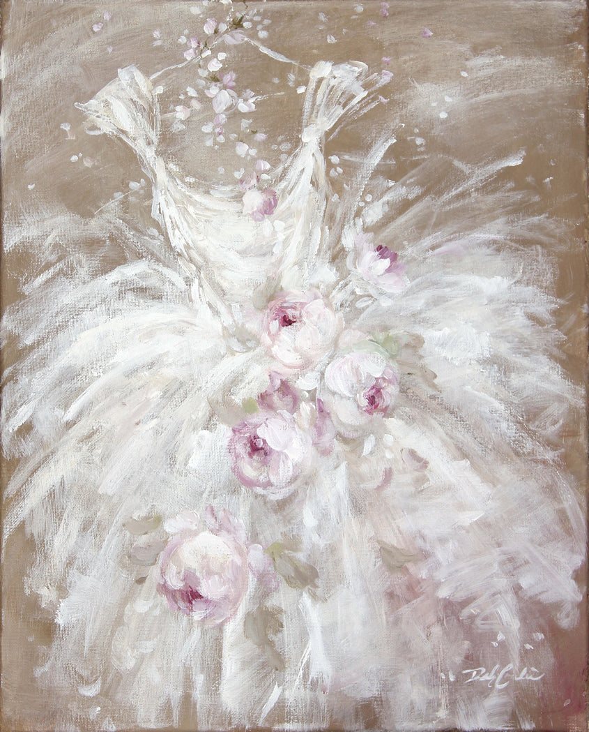 Abstract painting of a white tutu dress with pink flowers on a beige background