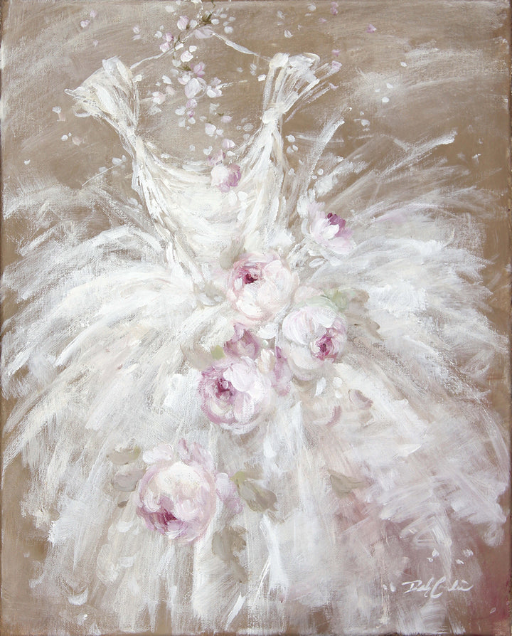 Abstract painting of a white tutu dress with pink flowers on a beige background