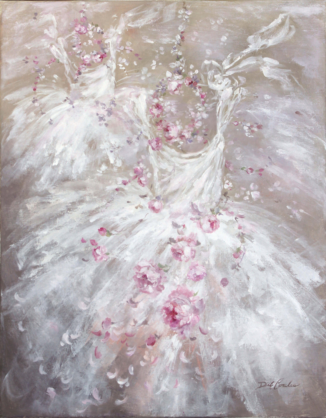 Abstract painting of two white tutu dresses dancing across a canvas of pinkish tan. Pink Roses make crowns for both and are wrapping around the tutus and flying everywhere.