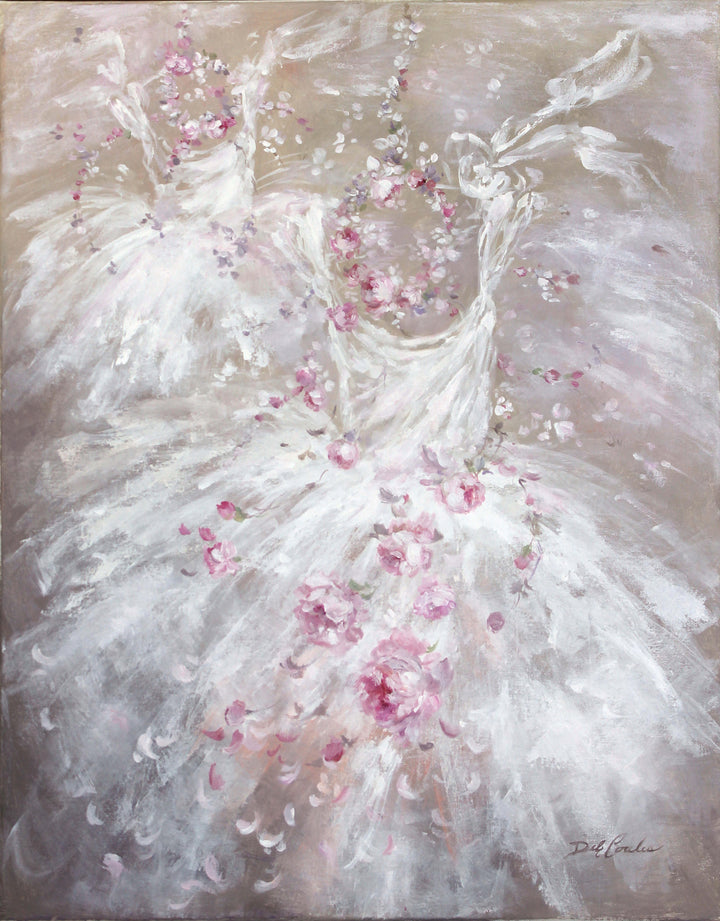 Abstract painting of two white tutu dresses dancing across a canvas of pinkish tan. Pink Roses make crowns for both and are wrapping around the tutus and flying everywhere.