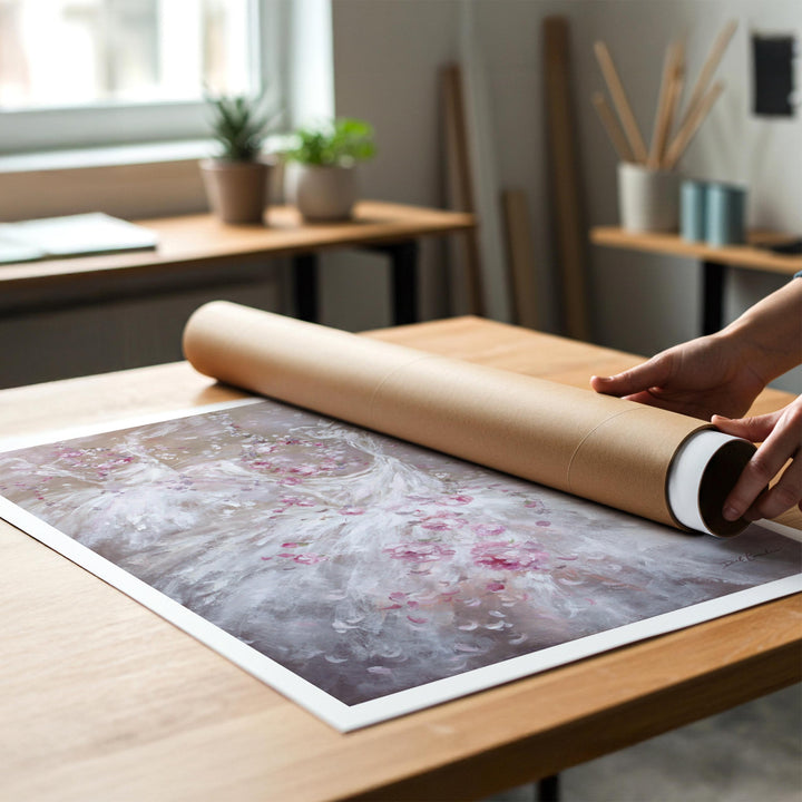 Person rolling a shabby-chic fine art print of a ballet painting to place in a cardboard mailing tube.